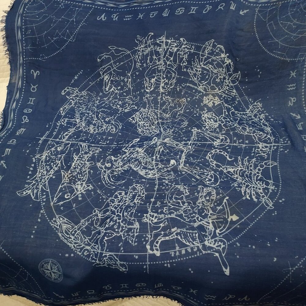 Scarf Large 50x56 Cobalt Blue Astrological Cotton Beach Wrap Zodiac Signs - Picture 5 of 15